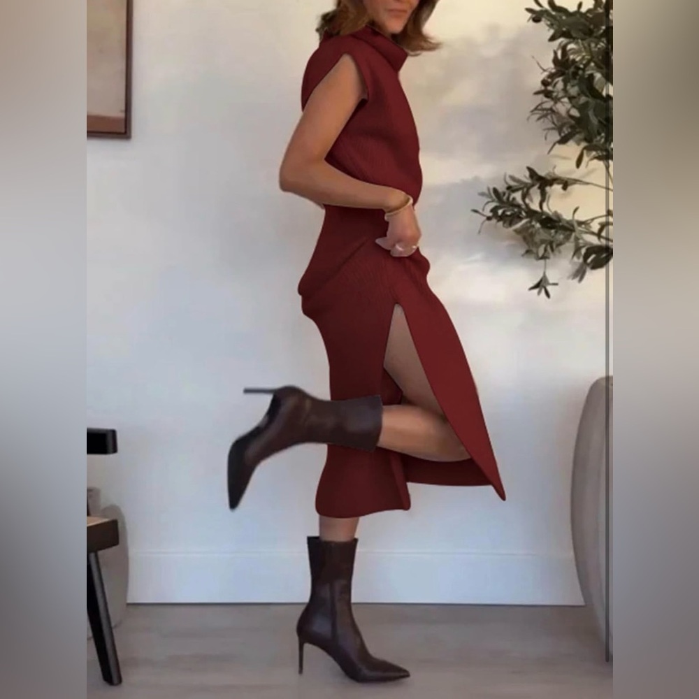 Sweater Dress Pullover Ribbed Knit Midi Dress with Side Slit Fall Winter Wear